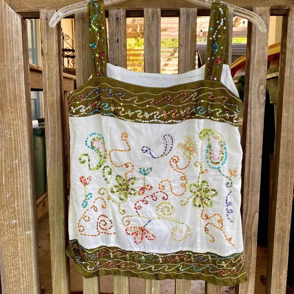 Usindo Hand Beaded White Cami Tank Blouse Top S